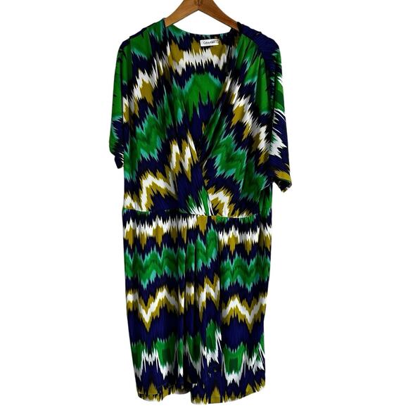 Calvin Klein Wrap Dress Sz 18W Chevron Pattern Blouson Blue Green Career Stretch - Picture 1 of 10